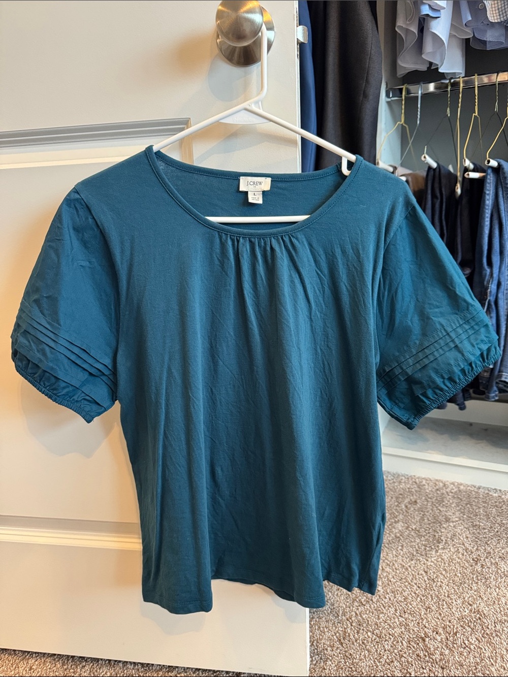 J. Crew Teal Short Sleeve Pintuck Detail Tee